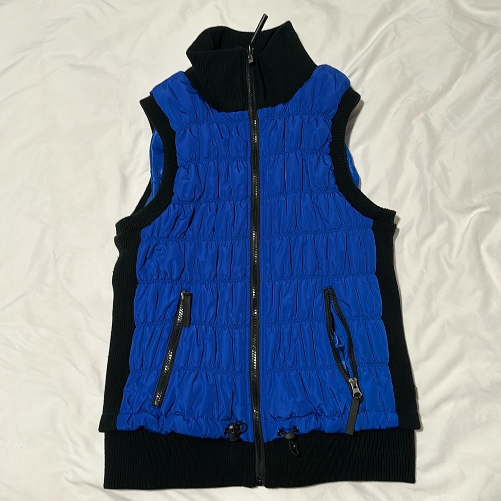 Calvin Klein Womens Ribbed-Knit Quilted Puffer Vest Blue L